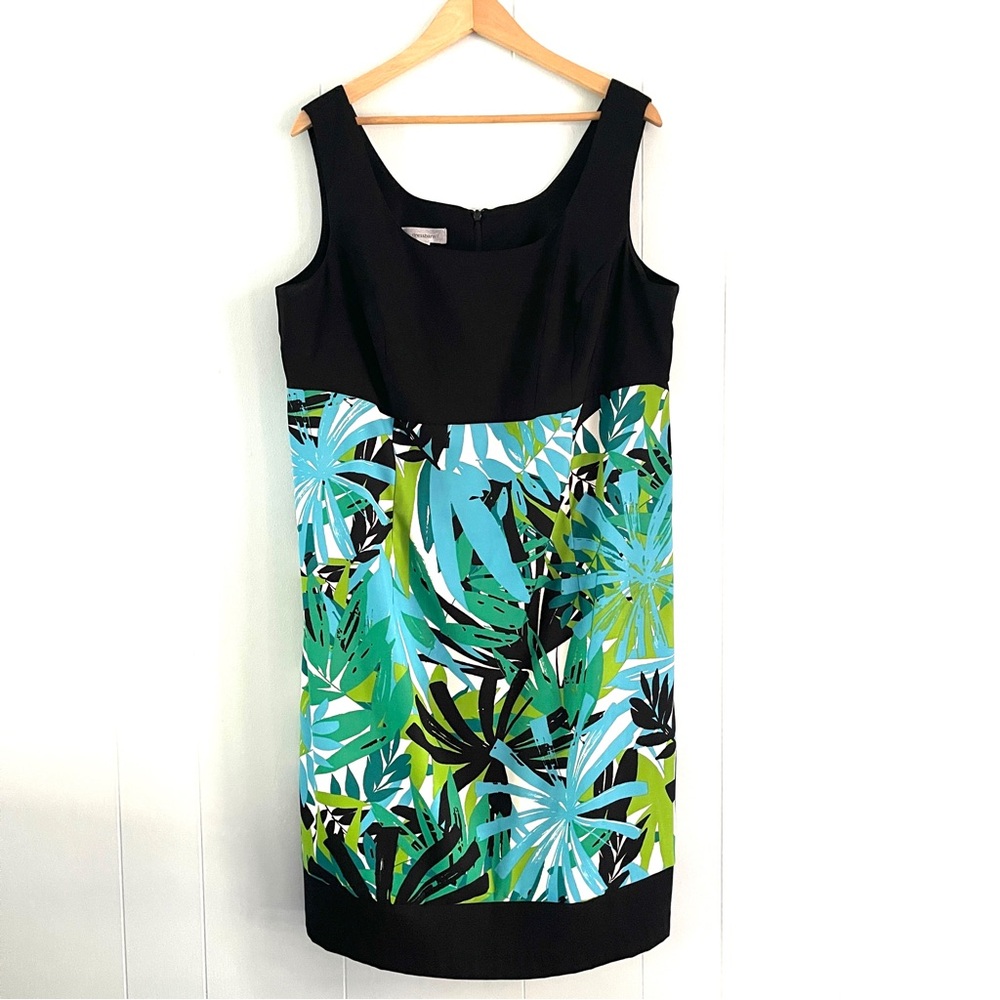 Dress Barn Black White Blue Tropical Print Sleeveless Pencil Dress Size 14
